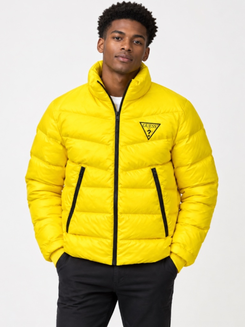 GUESS Men's Mid-Weight Puffer Jacket in Yellow Size Medium